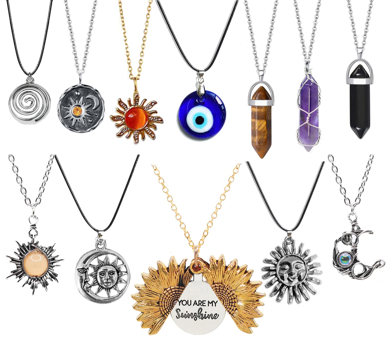 YIISIIY 12 Pcs Crystal Pendant Necklace Evil Eye Necklace Sunflower Necklace Moon and Sun Hippie Necklace Indie Aesthetic Jewelry Accessories Set for Women Men Girls