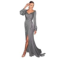 Long Sleeve Satin Prom Dresses with Train V Neck High Low Side Slit Plus Size Wedding Guest Dress for Women Formal