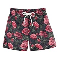 ALAZA Red Roses Green Leaves Boy’s Swim Trunk Quick Dry Beach Shorts Swimsuit Bathing Suit Swimwear