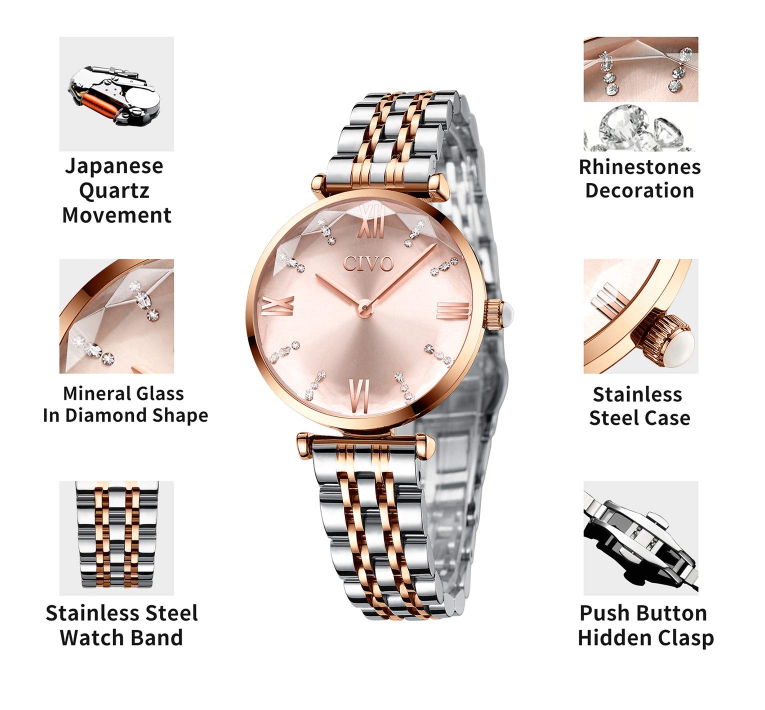 CIVO Watches for Women 32mm Analog Quartz Watch Stainless Steel, Dress Womens Watch Waterproof Fashion Elegant Wrist Watch Luxury Diamond Ladies Watch, Gifts for Women