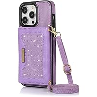 Crossbody Lanyard Case for iPhone 14/14 Plus/14 Pro/14 Pro Max, Premium Leather Slim Back Stand Wallet Case with Card Holder Magnetic Buckle Protective Cover,14 Pro Max,Purple