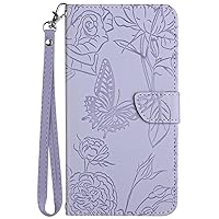 Wallet Case Compatible with TCL 10 SE, Butterfly Flower PU Leather Wallet Flip Folio Case with Wrist Strap for TCL 10 SE (Purple)