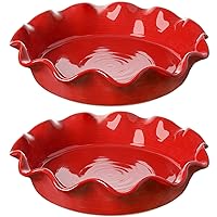 LE TAUCI Ceramic Pie Pans for Baking, 11 Inches Deep Dish Pie Plate for Apple Pie, Pot Pie, 48 Ounce Baking Dish with Ruffled Edge, Set of 2, Red