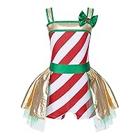 iiniim Kids Girls Candy Cane Christmas Costume One Piece Stripes Ballet Dance Ruffle Skirt Leotard