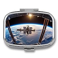 Pill Box Square Pill Case for Purse & Pocket Portable Mini International Space Station Picture Pill Organizer with 2 Compartment Cute Pill Container Holder Travel Pillbox to Hold Vitamins Medication F