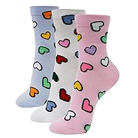 CUTIE MANGO Women's Daily Fashion Heart Design Crew Socks, Casual Premium Novelty Cartoon Style Patterns Kawaii Fun Design Unique Soft Cotton Light-weight Cozy Socks 3-Pack Set (White, Pink, Blue)