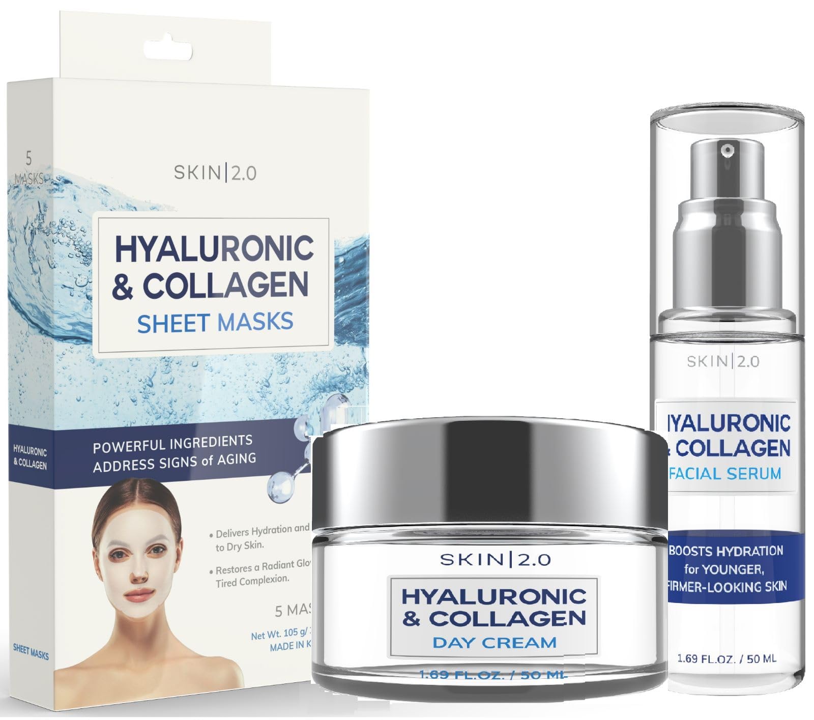 Skin 2.0 Hyaluronic & Collagen Beauty Value Set - Serum, Moisturizer & Face Masks