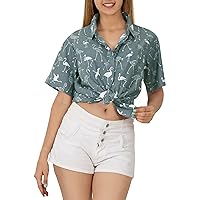 HAPPY BAY Button Down Shirt for Women Cotton Linen Effect Summer Beach Party Tropical Vacation Button Up Casual Shirt Short Sleeve Tops Tunics Blouses for Women M Grey, Flamingo