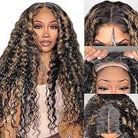Honey Blonde Glueless Wigs Human Hair Pre Plucked Pre Cut Curly 13x4 Black Highlighted Lace Front Wig Human Hair 180% Blonde Deep Wave Wig 20Inch Blonde Wear and Go Glueless Wig for Beginners