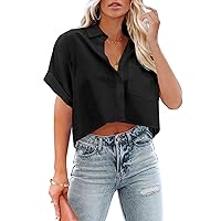 Tankaneo Womens Button Down Cropped Shirts Long Sleeve Casual Crop Tops Solid Lapel Blouse Shirt with Chest Pocket