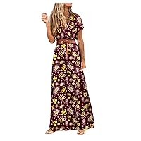 Summer Dresses for Women 2023 Sexy V Neck Casual Short Sleeve Floral Smocked Boho Flowy Maxi Dress Beach Sundresses
