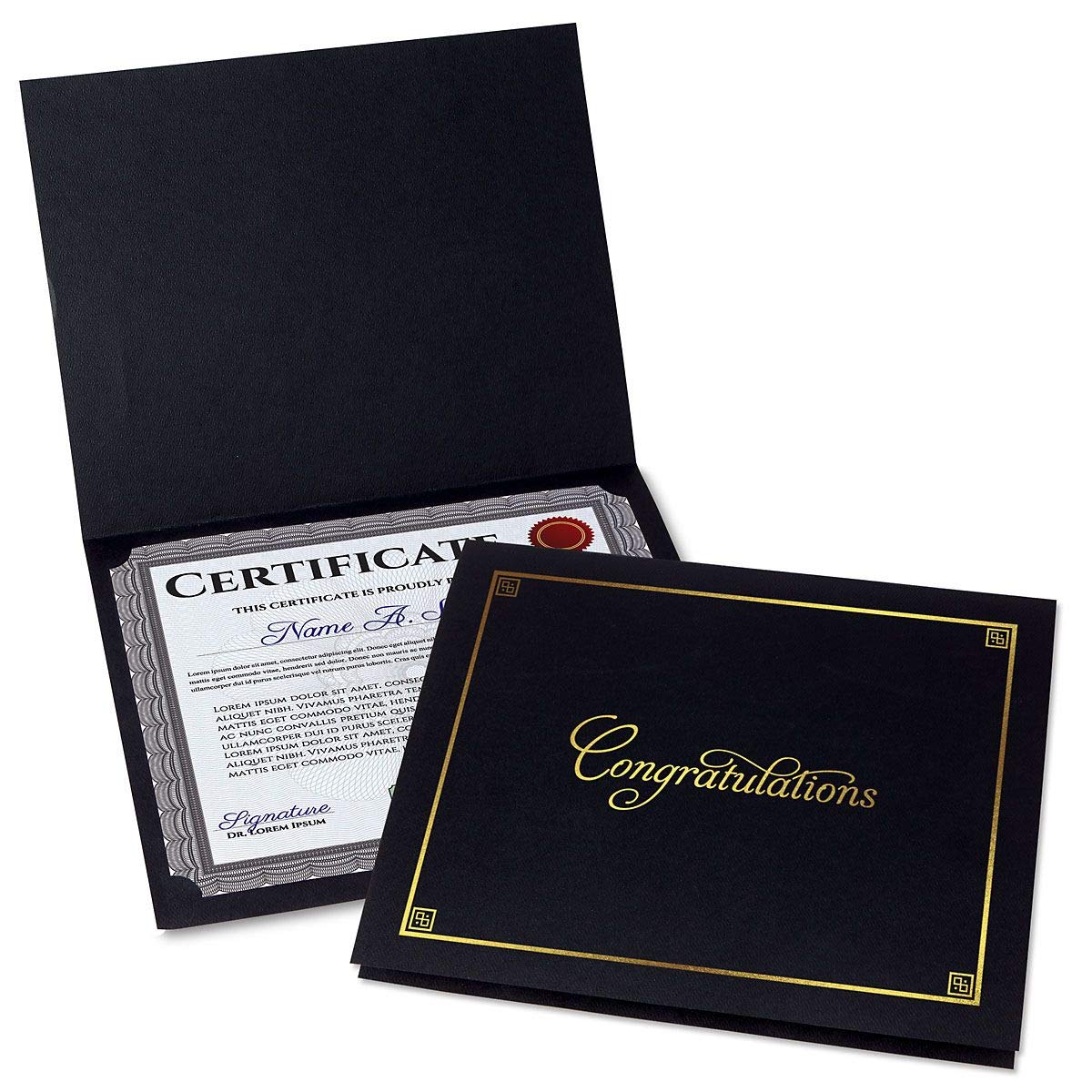 Congratulations Black & Gold Certificate Folders - Pack of 25, Linen Cover 80 lb. Stock, Folded, Die-Cut Corners, for Office, Business Awards, Grad...