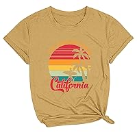 The Golder State Letter T-Shirt Women Funny Palm Tree Tee Tops 2024 Casual Loose Fit Short Sleeve Vacation Blouses