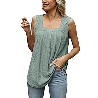 Womens Summer Tops 2024 Casual Dressy，Basic Tank Tops Woman Relaxed Fit Pleated Square Neck Sleeveless Tops Flowy