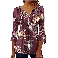 Women Elebow Sleeve Summer Shirts Henley V Neck Button Tshirts Cute Dressy Blouse Plus Size Pleated Going Out Tops