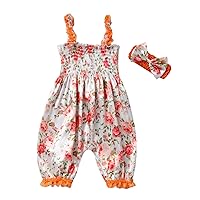 Romper for Big Kids One Girls Jumpsuit+Headband Infant Ruffle Piece Sets Baby Romper Floral Summer (Orange, 6-12 Months)