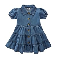 Toddler Girls Summer Short Sleeve Turndown Neck Frilly Denim Dress Skirt Casual Dress Dress for Plus