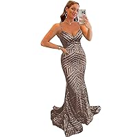 Women’s Spaghetti Straps Sequins Prom Dresses Mermaid V Neck Long Evening Party Dresses Backless Formal Ball Gowns
