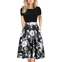 Women's Elegant Vintage Cotton Casual Floral Print Work Party Peter Pan Collar A-Line Dress with Pockets 978