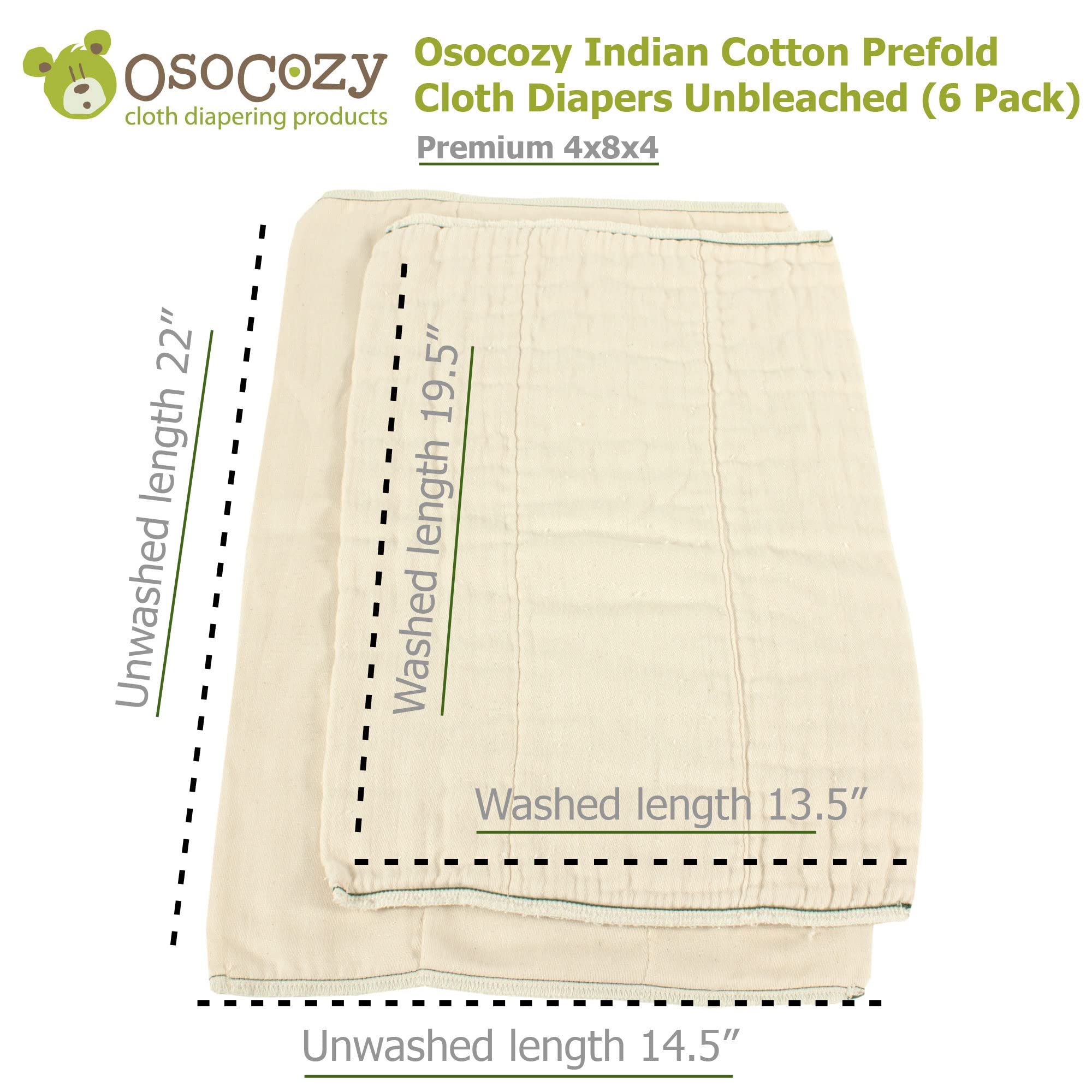 OsoCozy Prefolds Unbleached Cloth Baby Diapers, Size 2 (15-30 lbs.), Soft, Absorbent and Durable 100% Natural Cotton, Our Top Selling Diaper Service Quality Prefolds, Unbleached Natural Color - 6 Pack