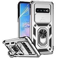 for Samsung Galaxy S10 Plus Case with Camera Lens Cover HD Screen Protector, Military-Grade Drop Tested Magnetic Ring Holder Kickstand Protective Phone Case for Samsung Galaxy S10+ Plus (Silver)
