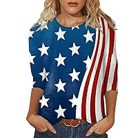 4th of July T-Shirt for Womens Tops Fashion Casual Three Quarter Sleeve Independence Day Print Round Neck Pullover Top Blouse