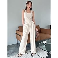 Solid Tank Top & Wide Leg Pants (Color : Apricot, Size : Small)