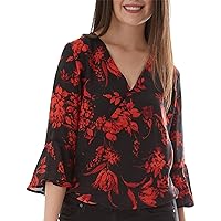 A. Byer Women’s Junior Young Woman's Teen Faux Wrap Top with Bell Sleeves Shirt, red/Black Painted Floral, Large