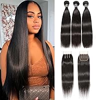 Straight Bundles with Closure Human Hair 14 16 18 +12 Malaysian Virgin Straight Human Hair Bundles with Closure Yuyongtai Unprocessed 1B Color 3 Part Closure with Bundles