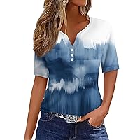 Women's Tops 2024 Casual Sequin Printed V-Neck Short Sleeve Decorative Button T Shirt Top Tops, S-3XL