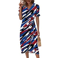 Women's 4Th of July Outfits Dresses Print Elegant Wrap V Neck Boho Dress Flowy Ruched Hawaiian Maxi Dress, S-3XL