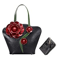 PIJUSHI Designer Floral Leather Tote Purses Shoulder Bag for Women Top Handle Satchel Handbag Bundle with Women Card Case Wallet with Tassel