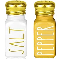 Farmhouse Gold Salt and Pepper Shakers Set by Brighter Barns - Modern Farmhouse Decor for Restaurant, Wedding, Gifts - Glass Shakers & Stainless Steel Lid - White and Gold Kitchen Accessories (Gold)