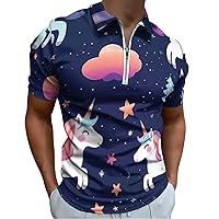 Unicorn and Star Pattern Men’s Polo Shirt Slim Fit Short Sleeve Golf Shirts Casual Work T Shirts