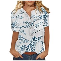 Women Short Sleeve Blouse T Shirt Tops Women's Summer Casual Fashion Button Down Tees Cotton Linen Printed Shirt