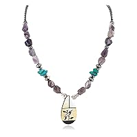 $350Tag Bird Certified Silver Navajo Inlay Turquoise MOP Amethyst Necklace 25340-1 Made by Loma Siiva