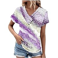 Womens Summer Tops Floral Printed Graphic Tees Causal Short Sleeve Tunic V Neck T Shirts Basic Fitted Work Blouses