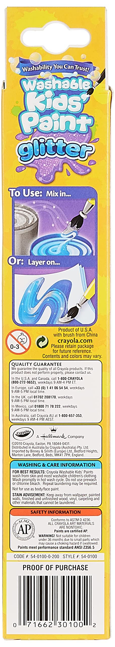 Crayola Washable Paint Pots, Glitter Paints, 6 ct