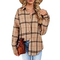 Women's Long Sleeve Plaid Button-Down Shirts Casual Rolled Up Boyfriend Blouse Tops
