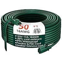 HUANCHAIN Indoor Outdoor Green Extension Cord 50 ft Waterproof, 16/3 Gauge Flexible Cold-Resistant Appliance Extension Cord Outside, 13A 1625W 16AWG SJTW, 3 Prong Heavy Duty Electric Cord, ETL