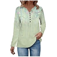 Womens Shirts Dressy Casual Women's Fashion Casual V Neck Long Sleeve Floral Print Button T-Shirt Top