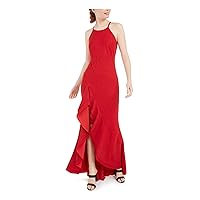 bebe Womens Red Glitter Ruffled Solid Spaghetti Strap Halter Full-Length Hi-Lo Formal Dress Size