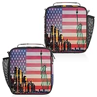 Statue Of Liberty American Flag Insulated Lunch Box, Reusable Cooler Tote Lunch Bags for Men Women, Portable Leakproof Square Meal Bag for Work Travel Picnic Hiking Daytrip
