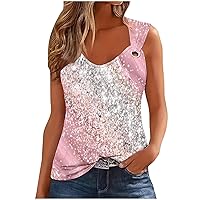 Women’s Sequin Tops Glitter V Neck O Ring Shoulder Tank Tops Sparkle Cami Summer Casual Sleeveless Loose Fit T-Shirt