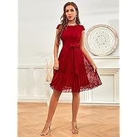 Women's Dress Belted Floral Lace Pleated Hem Dress Dresses for Women (Size : X-Small)