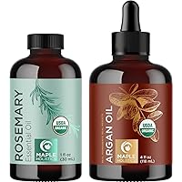 Organic Rosemary and Organic Argan Oils - Certified Organic Rosemary Essential Oil for Hair plus Organic Argan Oil for Hair Skin and Nails - Pure Organic Face Hair and Body Oils for Men and Women