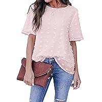 Blooming Jelly Womens Chiffon Blouse Summer Casual Round Neck Short Sleeve Pom Pom Shirts Top