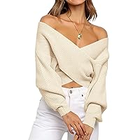 BTFBM Women Casual V Neck Long Sleeve Sweaters Cross Wrap Front Off Shoulder Asymmetric Hem Knitted Crop Solid Pullover