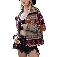 COWOKA Women's Casual Aztec Shacket Jacket Wool Blend Button Down Long Sleeve Western Tribal Vintage Loose Shirt Top