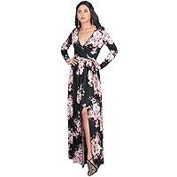 KOH KOH Womens Long Sleeve Floral Print V-Neck Cross Over High Slit Cocktail Evening Gown Maxi Dress